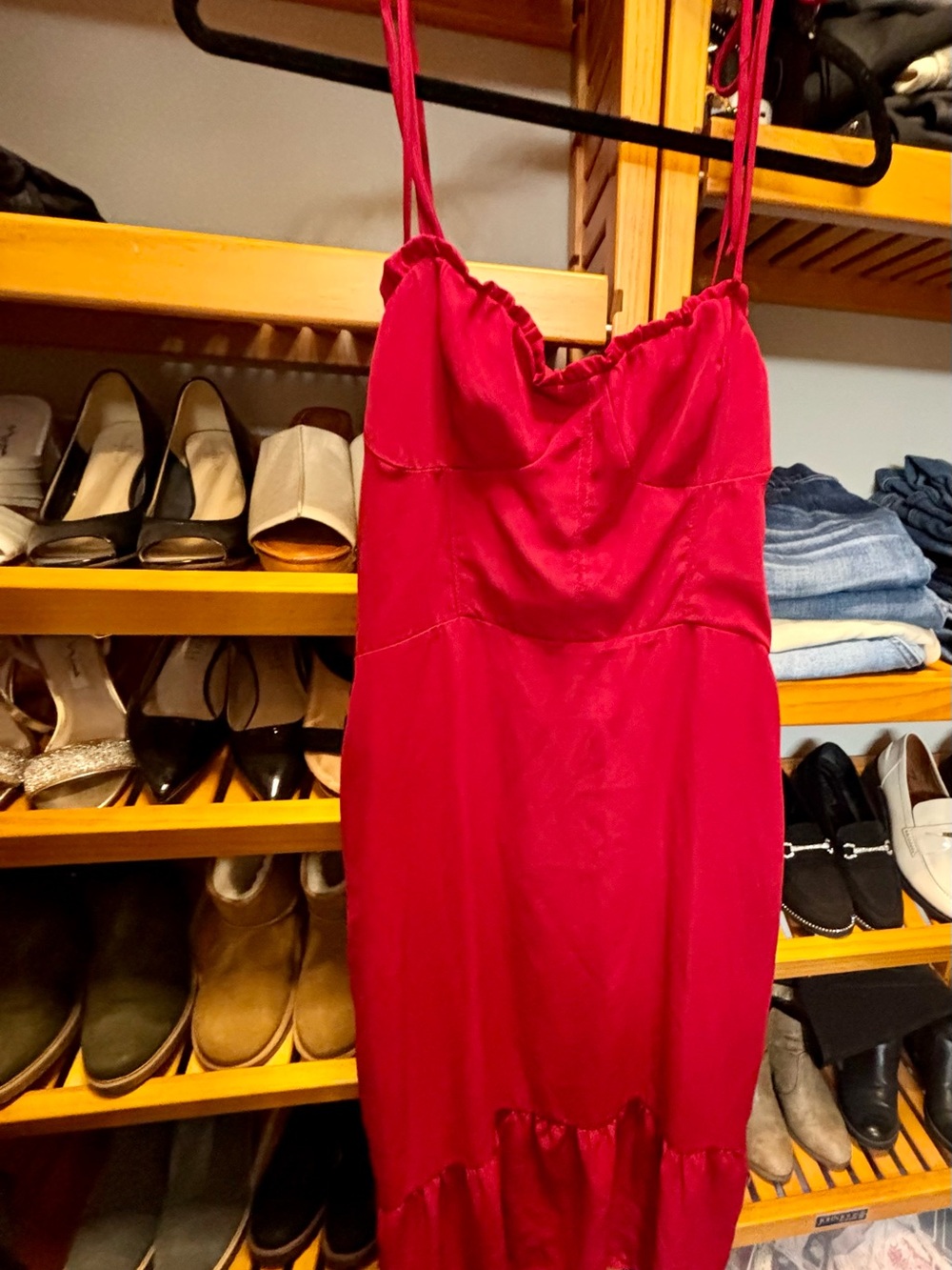 Women’s Red Asymmetrical Ruffle-Hem Dress